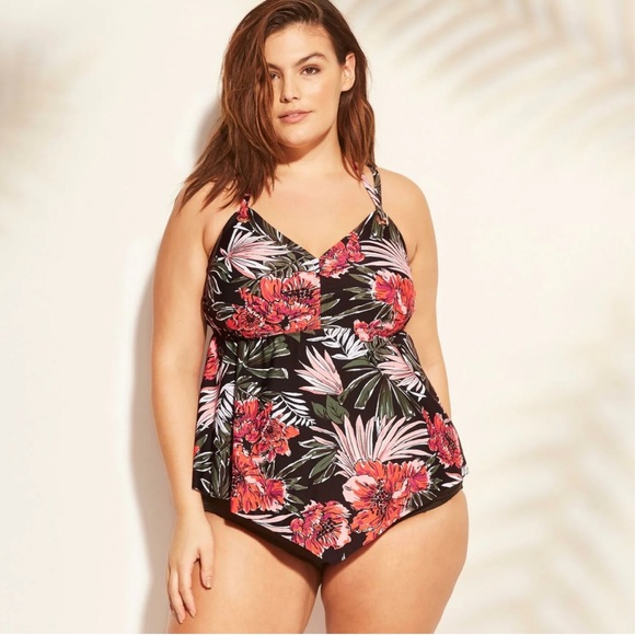Kona Sol Other - Kona Sol Plus Sz Women’s 18 Halter Tie Back Swim Tankini Pink/Black Floral NWT